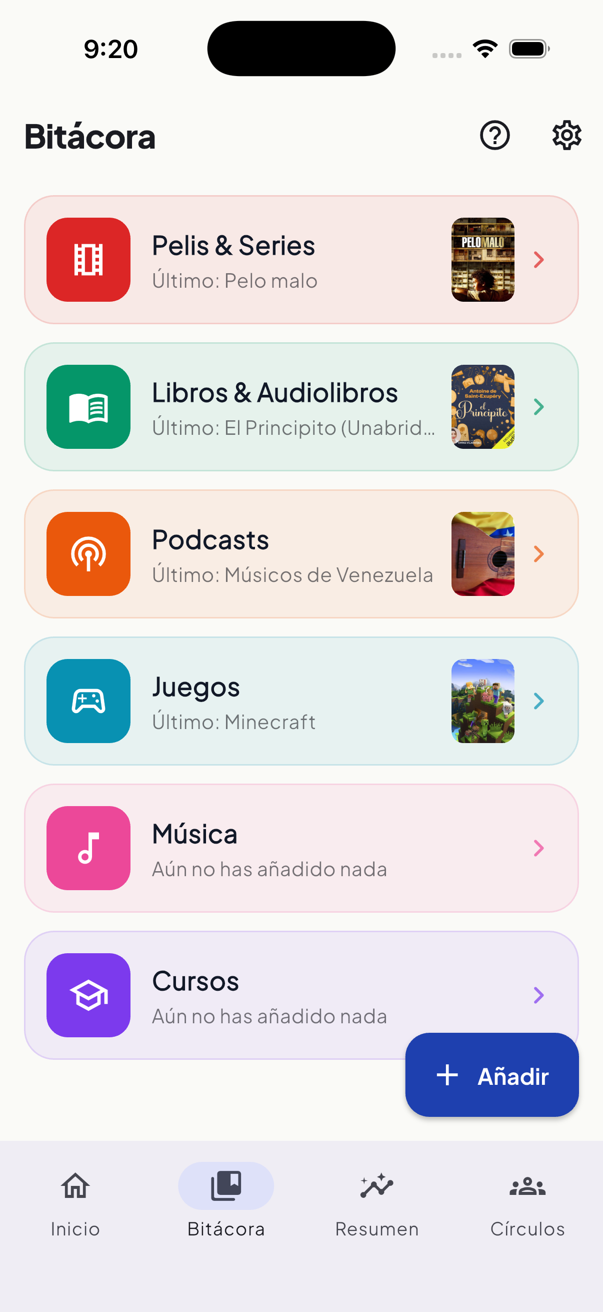 Vista de categorías con todo lo que has registrado