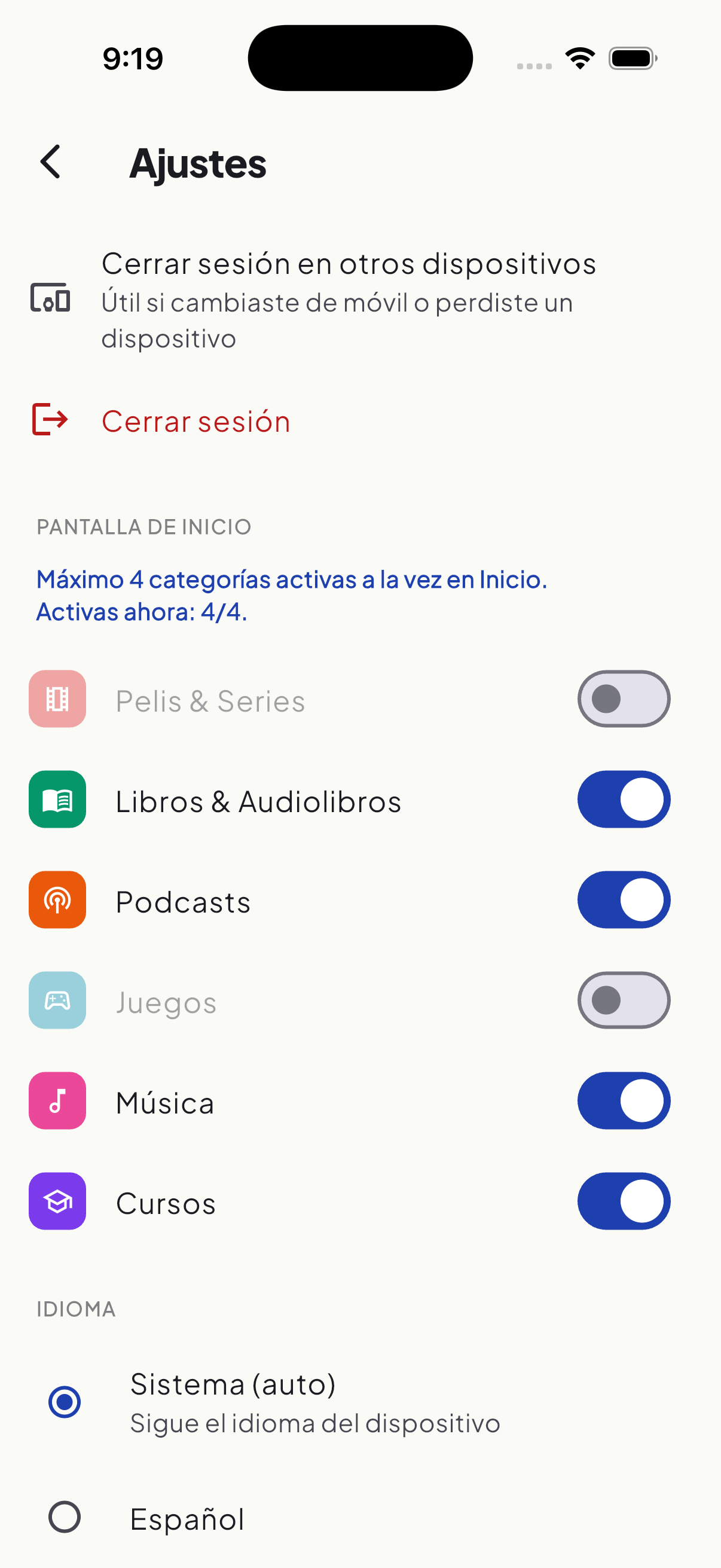Pantalla de ajustes con preferencias y datos